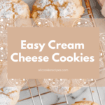 Delicious homemade cream cheese cookies dusted with powdered sugar on a baking rack. Perfect for any occasion.