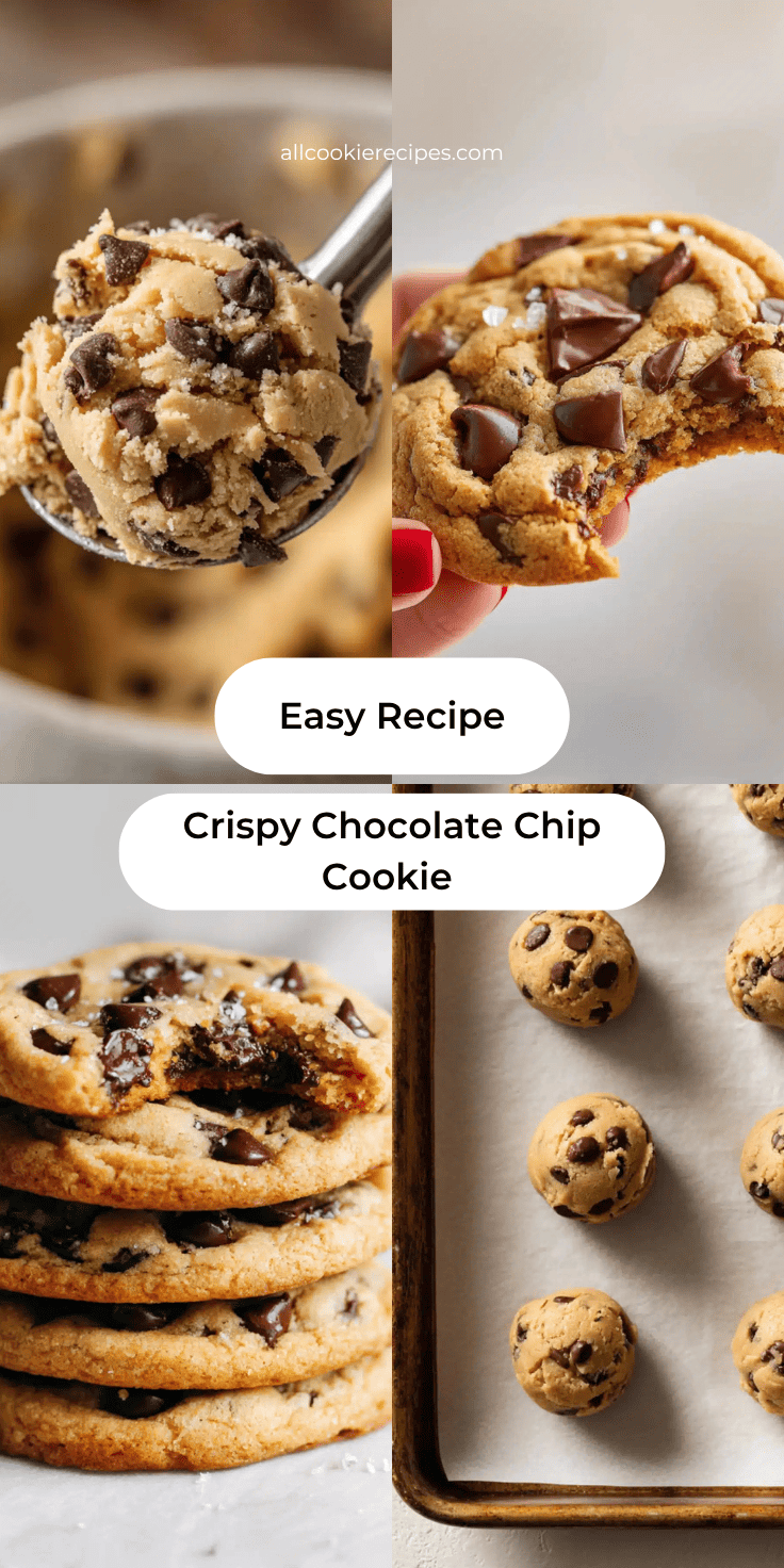 Chocolate chip cookie scoop with cookie close-up and cookies on baking sheet with chocolate chips, homemade cookie recipe and baking ideas.