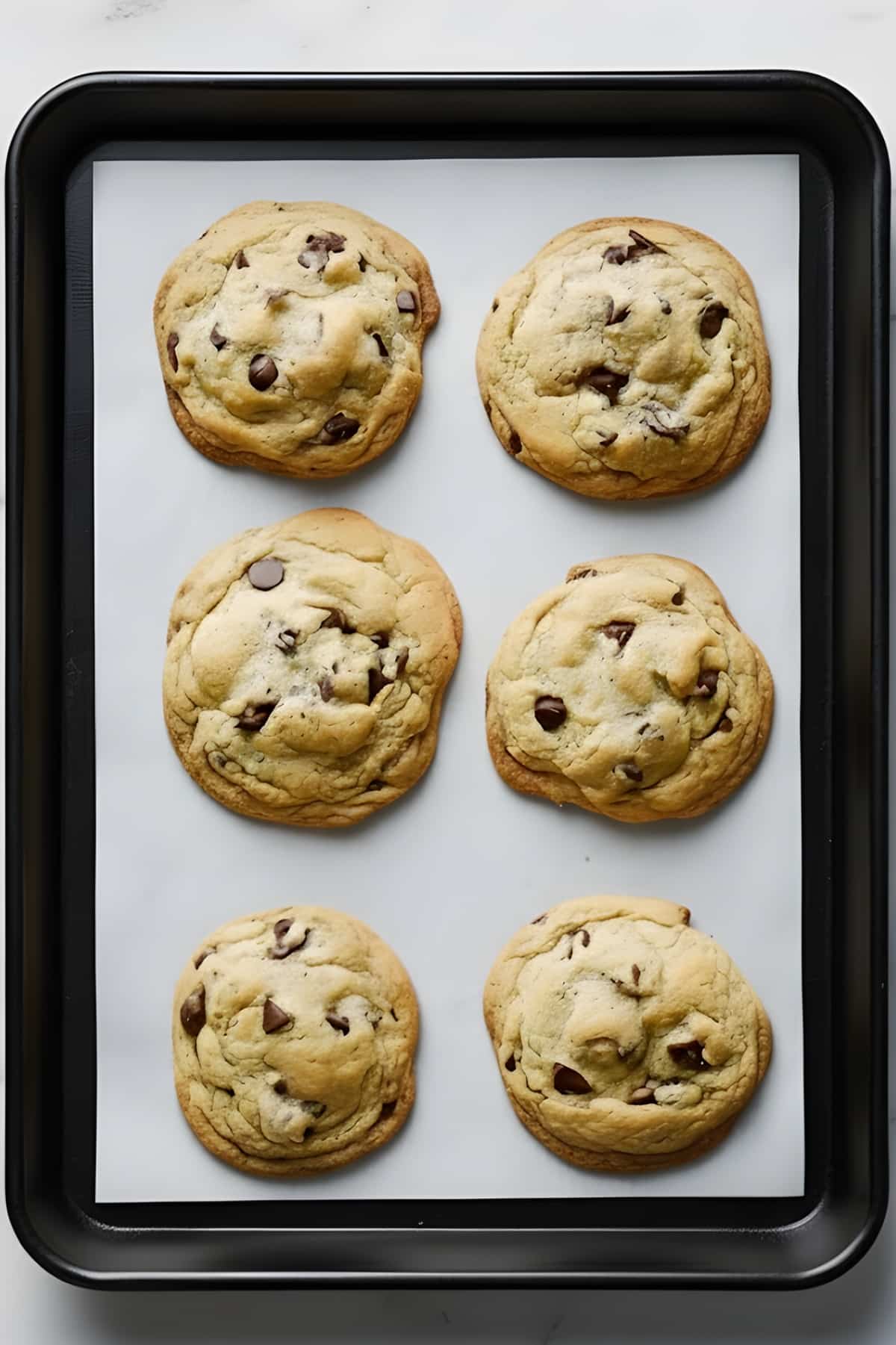 Butter cookies with chocolate chips on baking sheet.