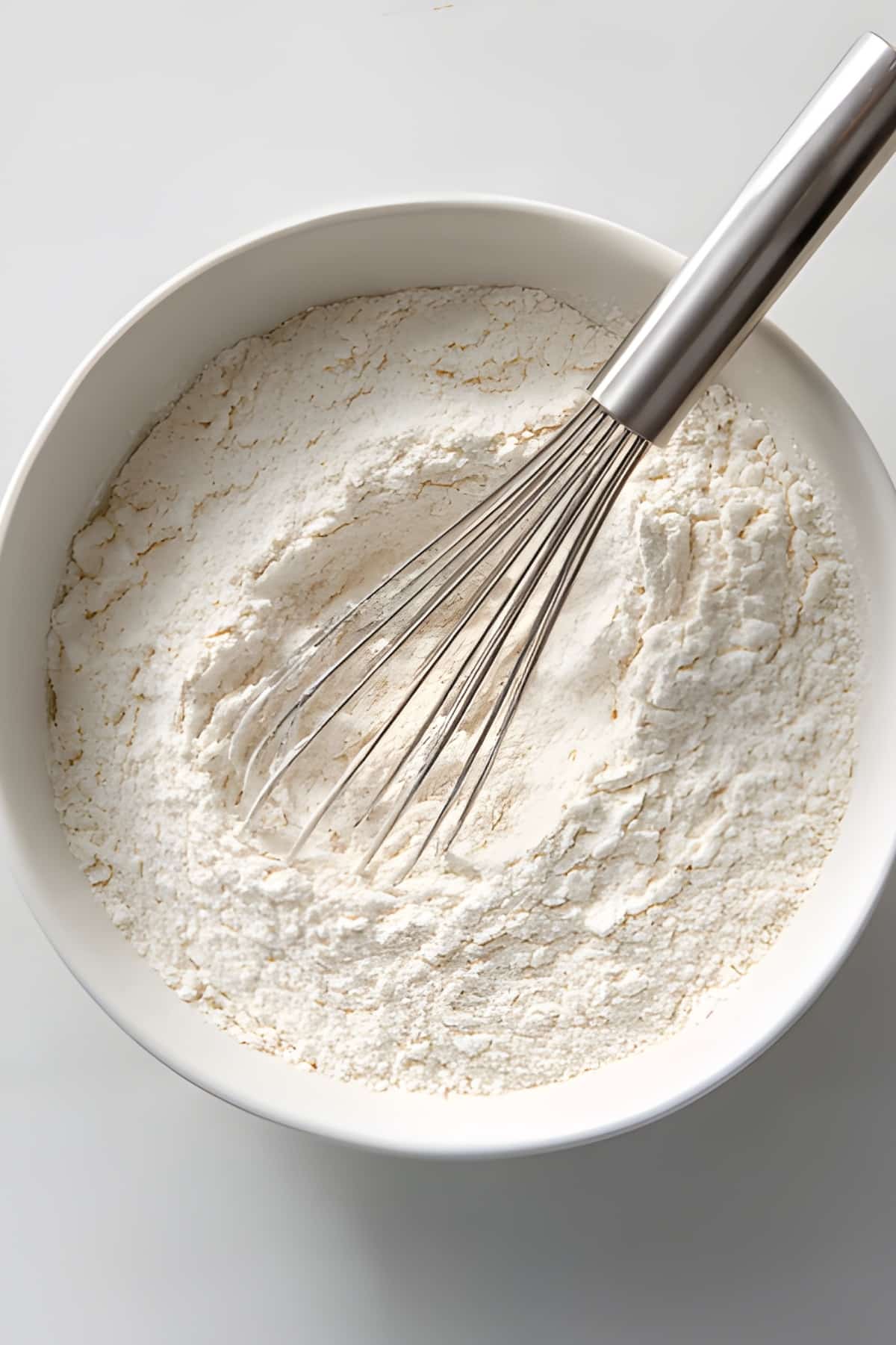 Fine white flour with a whisk in a white bowl, ready for baking cookies, cake, or pastry ingredients.