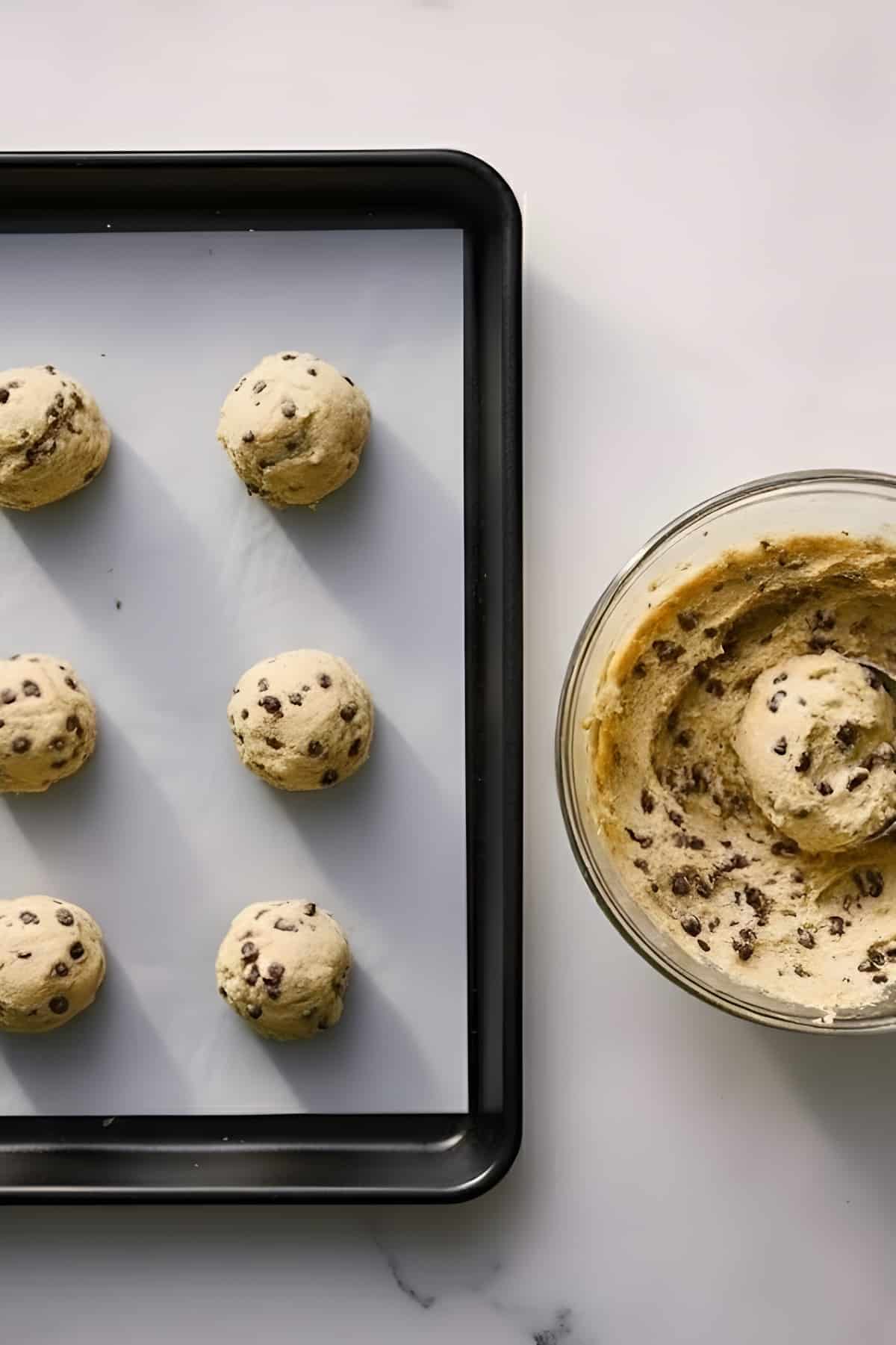 Creamy chocolate chip cookie dough ready for baking on a baking sheet.