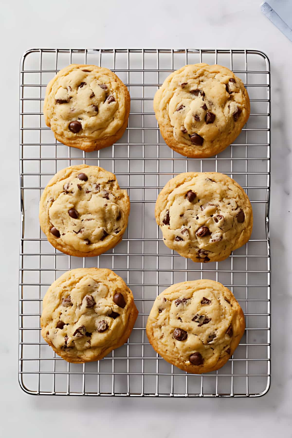 Buttery chocolate chip cookies on a cooling rack.