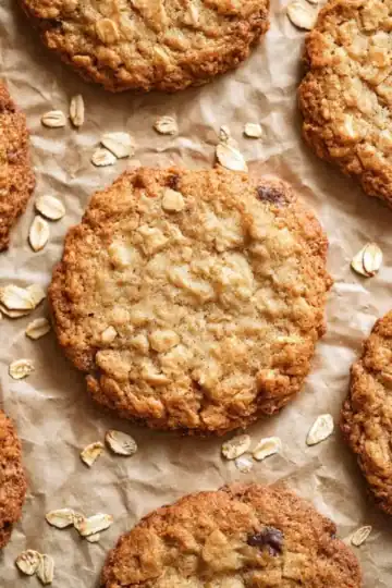 Delicious homemade oatmeal cookies with oats and raisins, perfect for snacking and dessert.