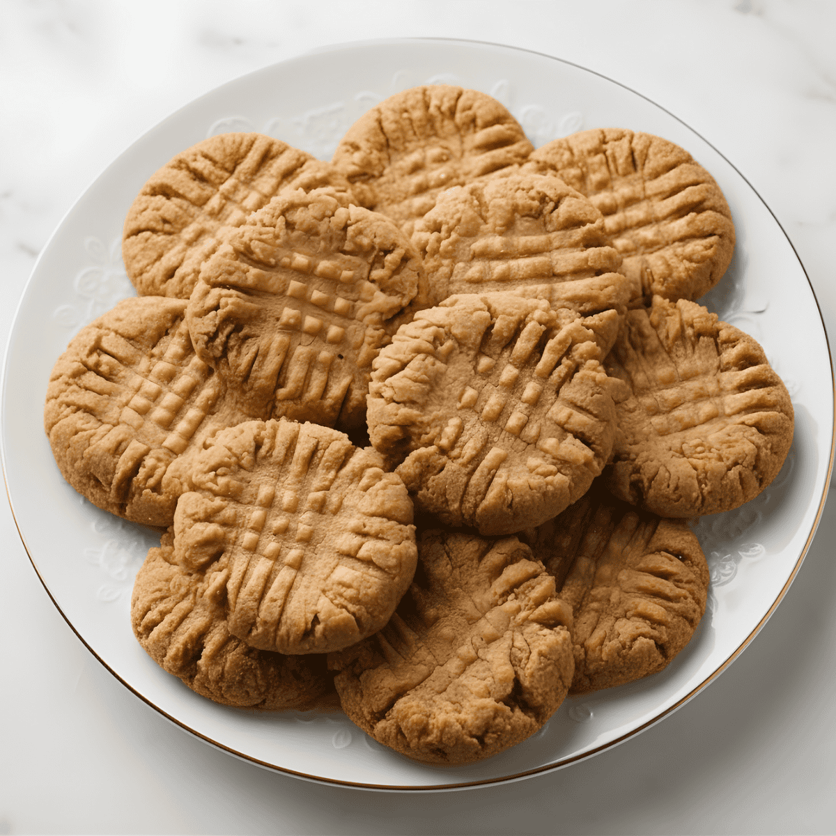 Homemade peanut butter cookies on a white plate. Freshly baked, crunchy, and perfectly sweet.