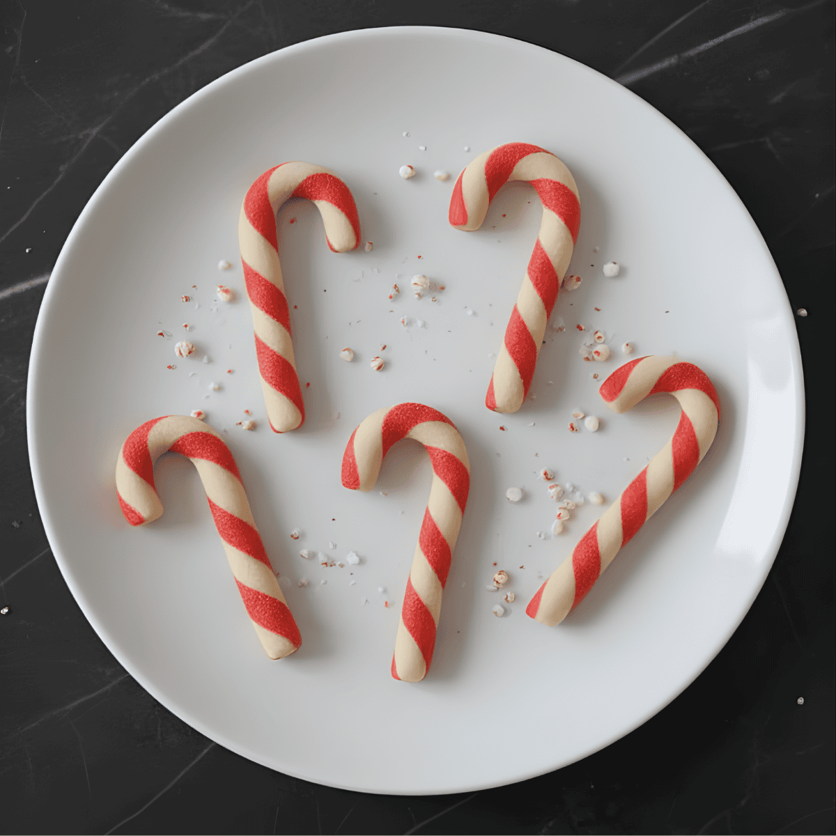 Festive holiday candy cane shaped cookies on a white plate with sprinkles, perfect for Christmas baking.