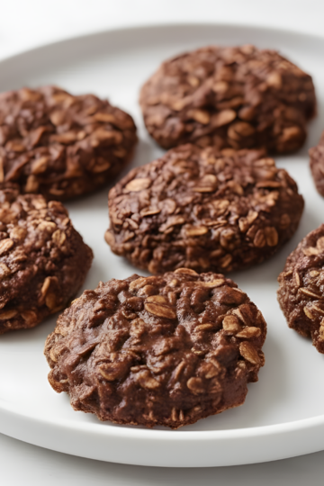 Delicious homemade chocolate oatmeal cookies on white plate.