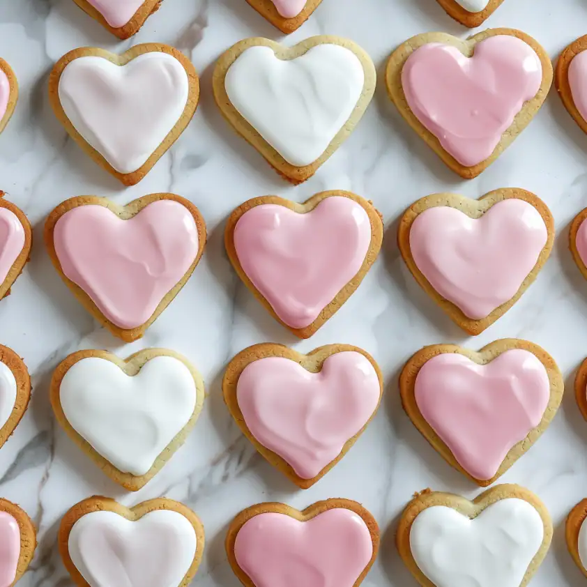 Delicious heart-shaped cookies with pink and white icing, perfect for Valentine's Day or special occasions.