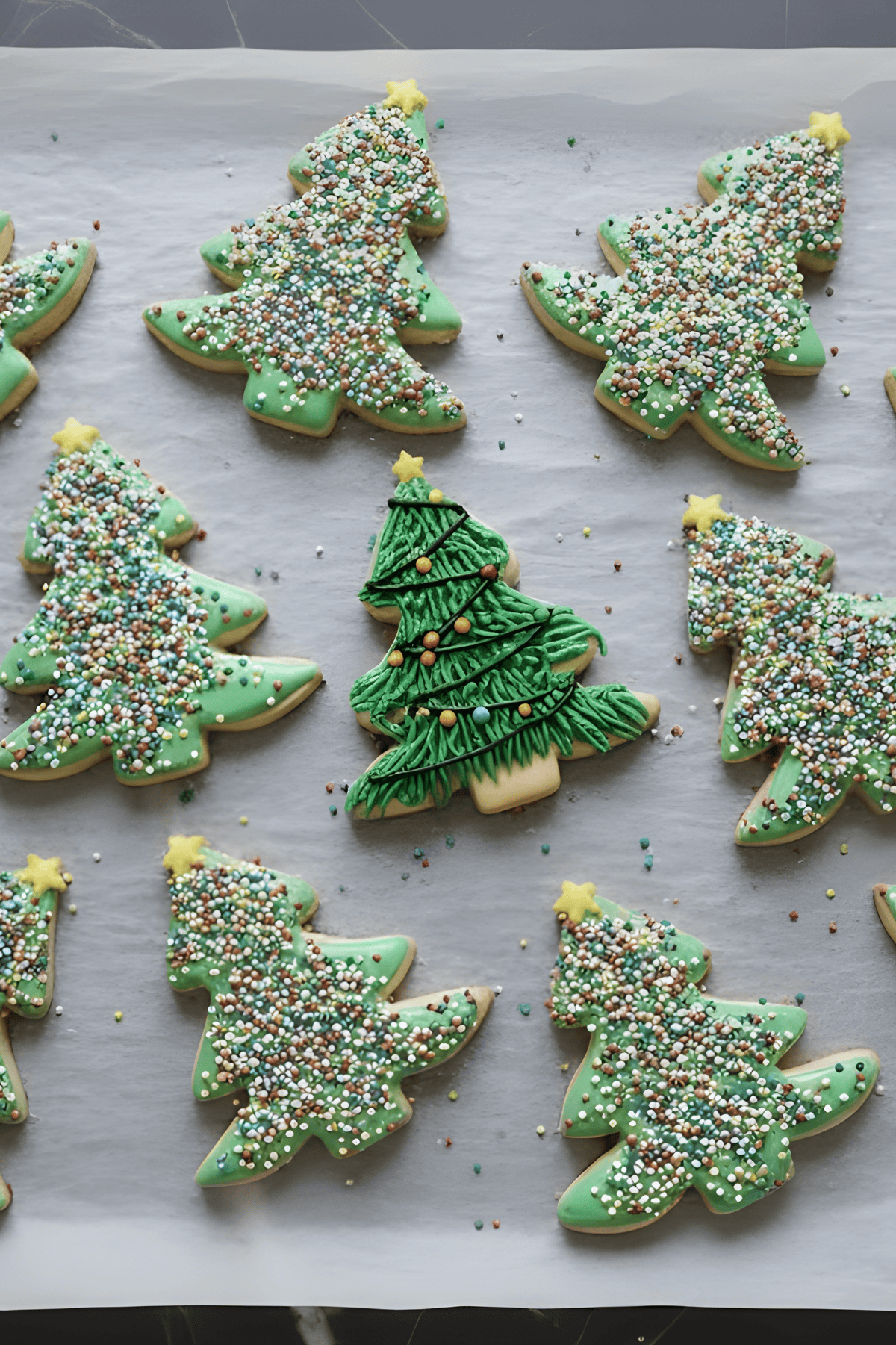Festive Christmas tree shaped cookies with green icing and colorful sprinkles, perfect for holiday celebrations.