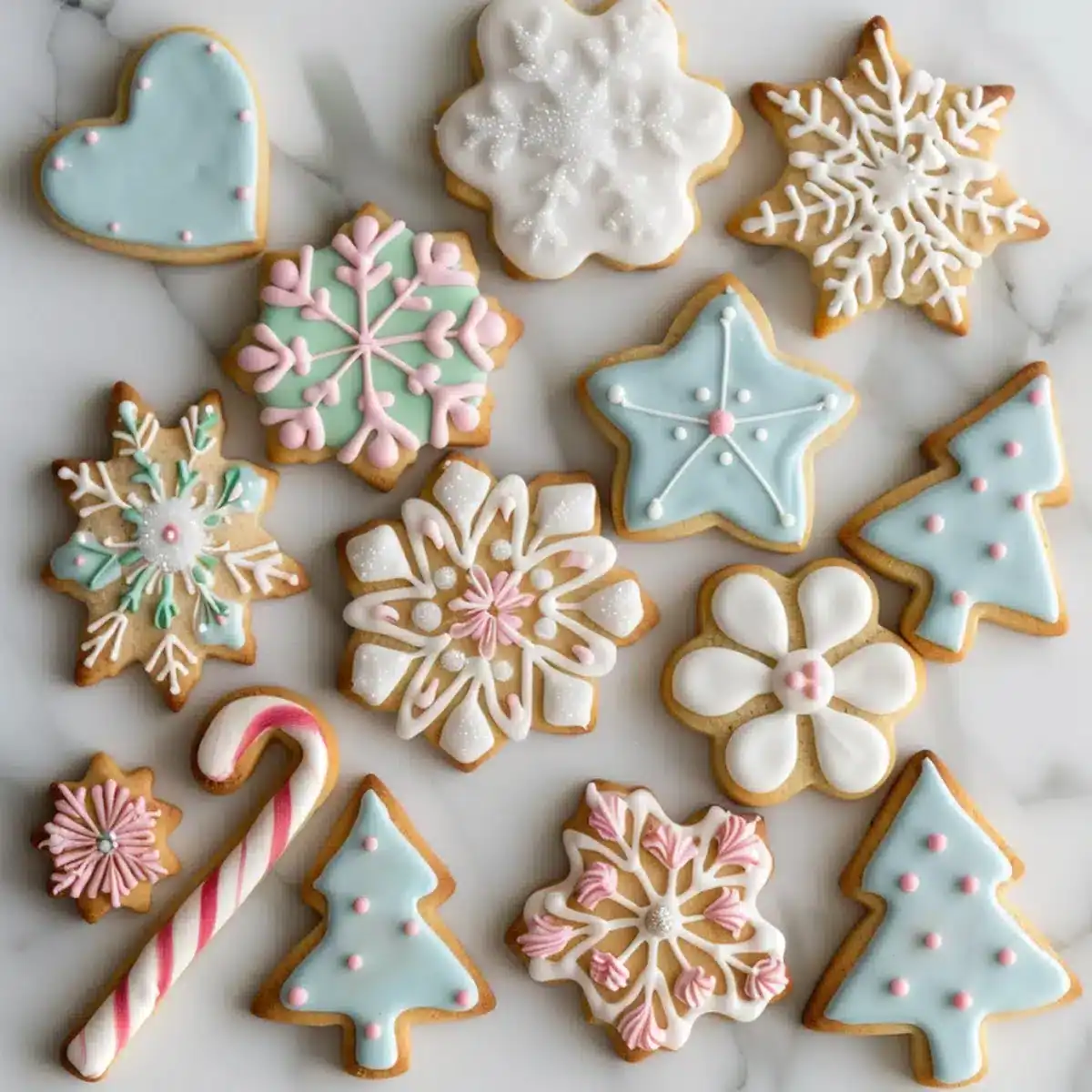 Delicious Christmas cookies decorated with pastel icing and festive sprinkles.