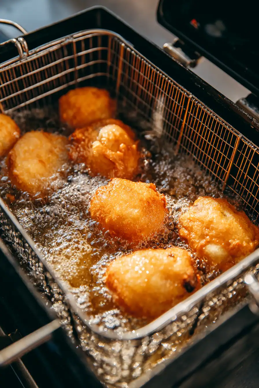 Crispy golden fried chicken nuggets cooking in deep oil for delicious snacks.