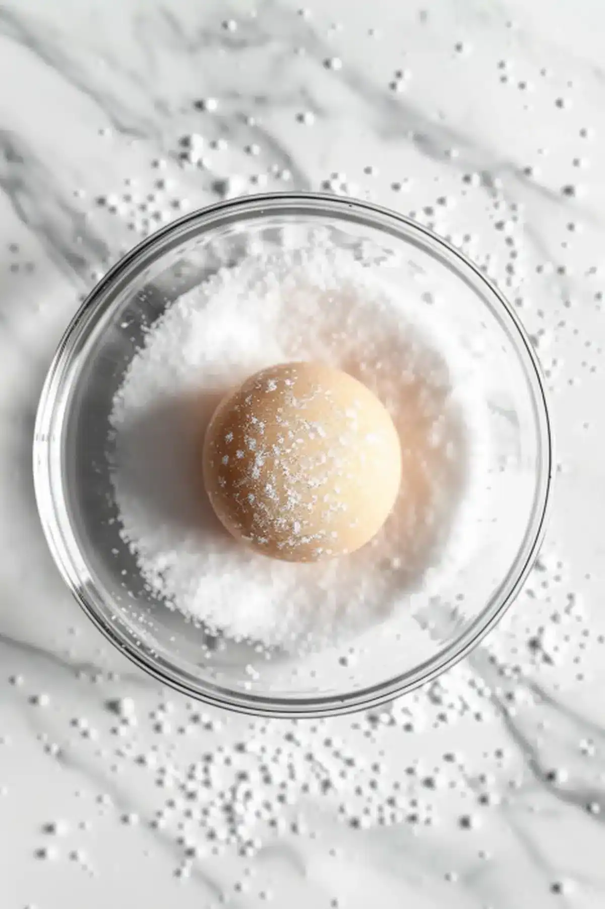 Delicious cookie dough ball surrounded by powdered sugar and sprinkles, ready for baking.