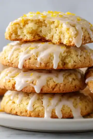 Delicious lemon cookies topped with white glaze and lemon zest, perfect for any dessert or snack.