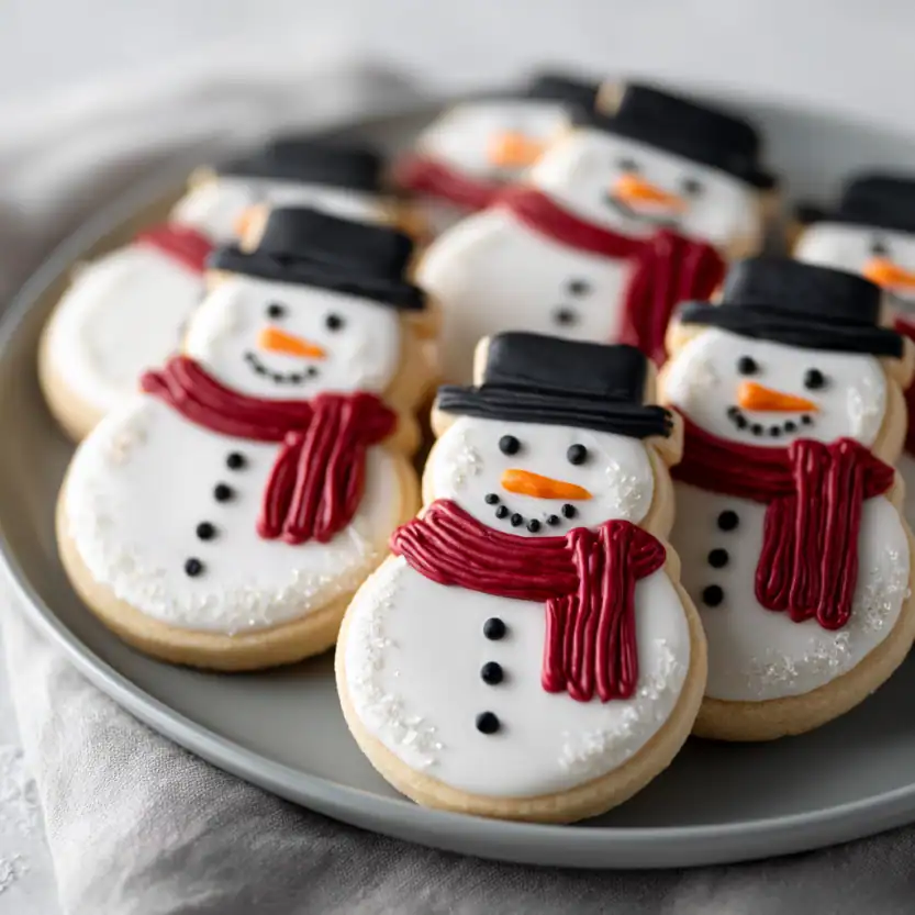 Christmas snowman cookies with icing, chocolate, and candy decorations. Perfect holiday cookies.