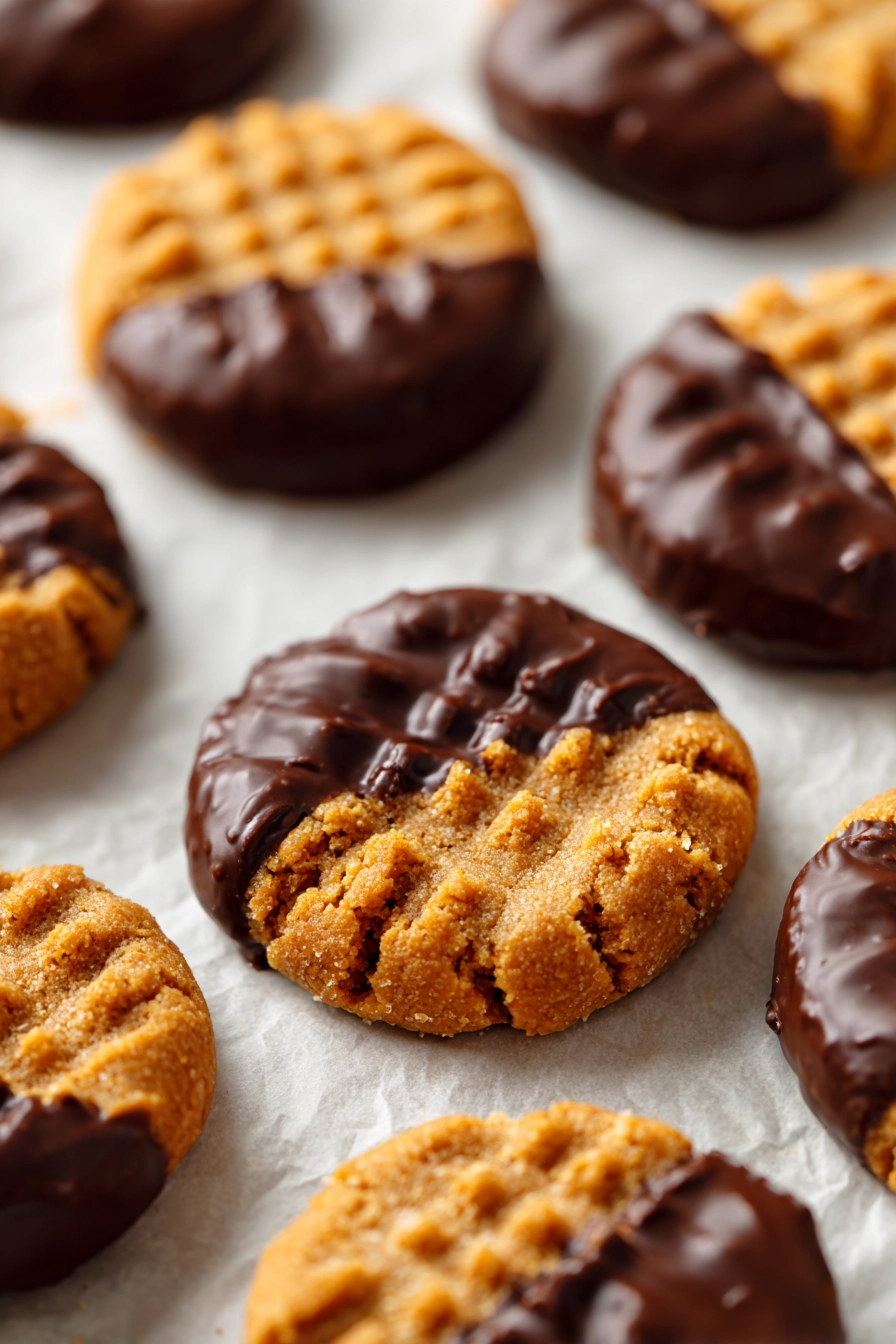 Delicious homemade peanut butter cookies dipped in rich chocolate, perfect for cookie lovers.