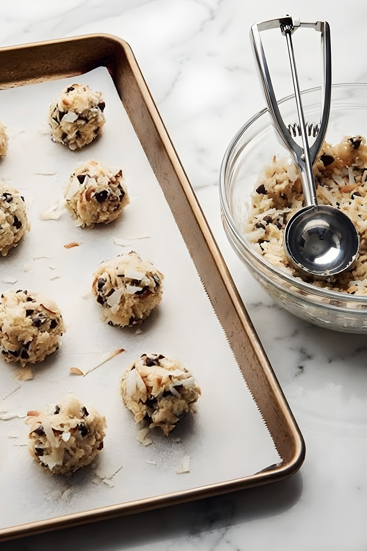 Delicious cookie dough balls with chocolate chips on baking tray and mixing bowl, perfect for homemade cookie recipes.