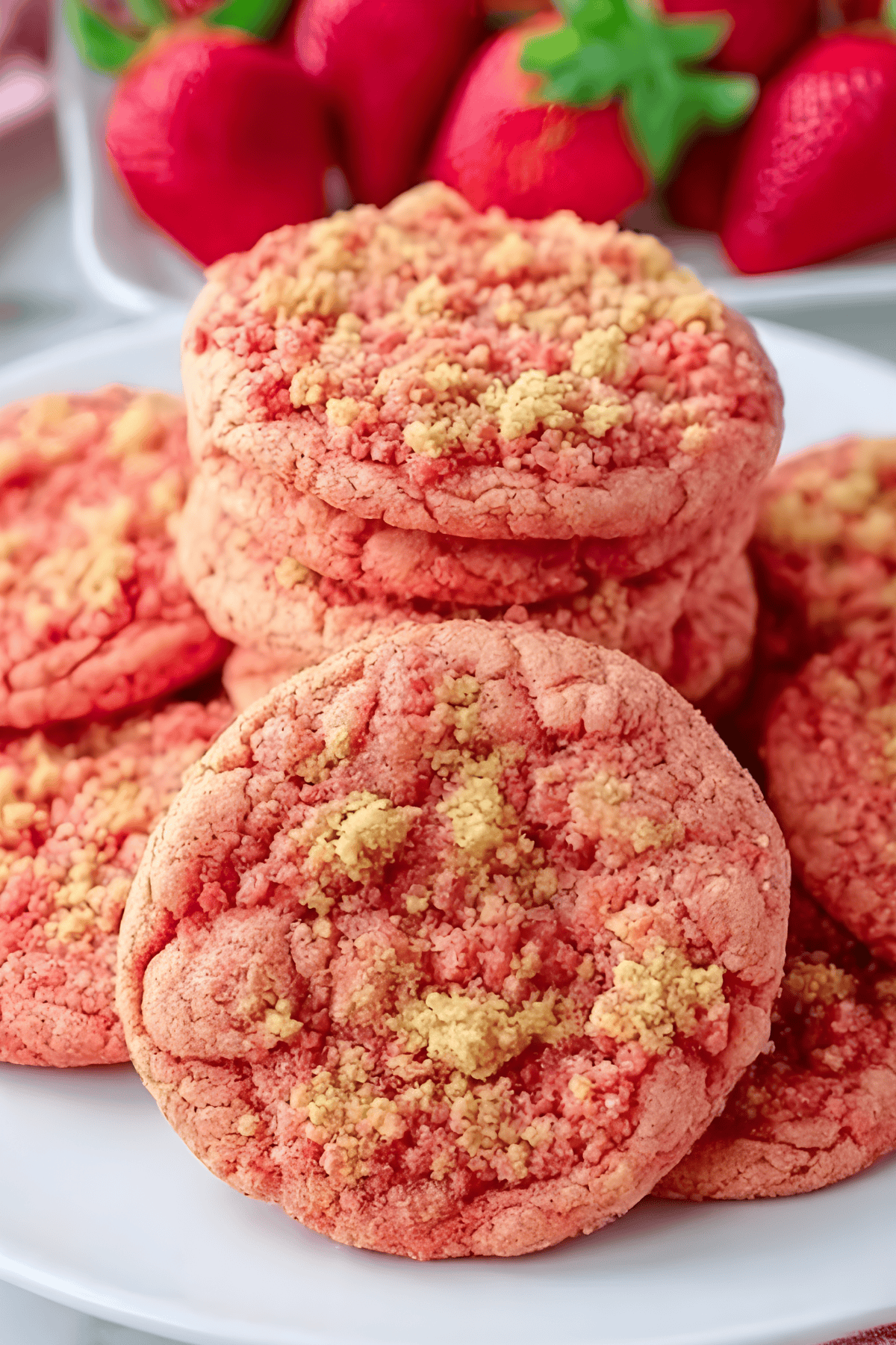 Fresh strawberry crumble cookies with a crumbly topping, perfect for strawberry dessert lovers.