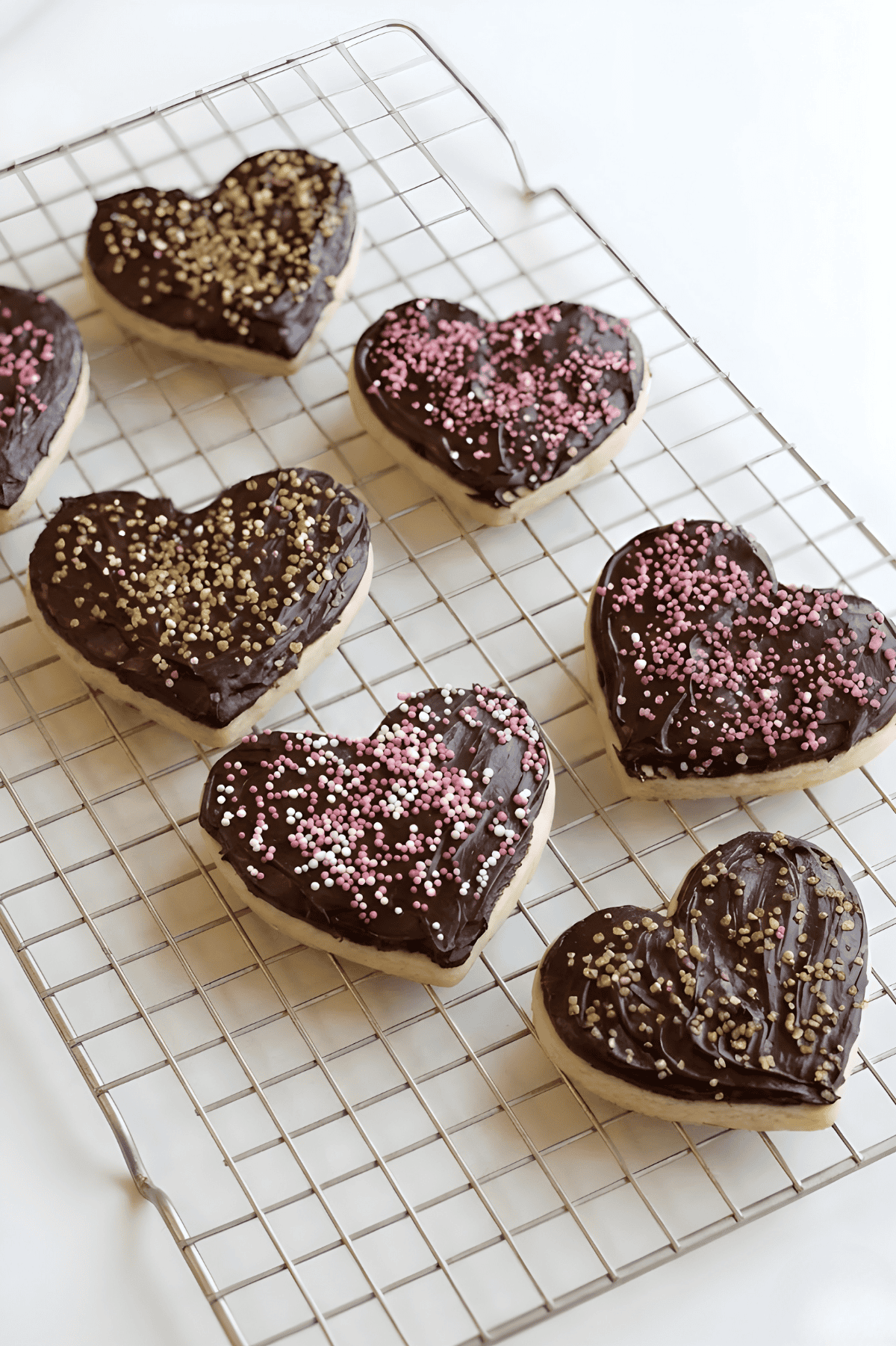 Delicious heart-shaped cookies topped with rich chocolate glaze and colorful sprinkles, perfect for baking and sharing.