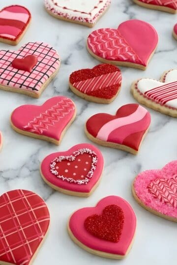 Delicious Valentine's cookies with pink and red heart designs on marble surface.