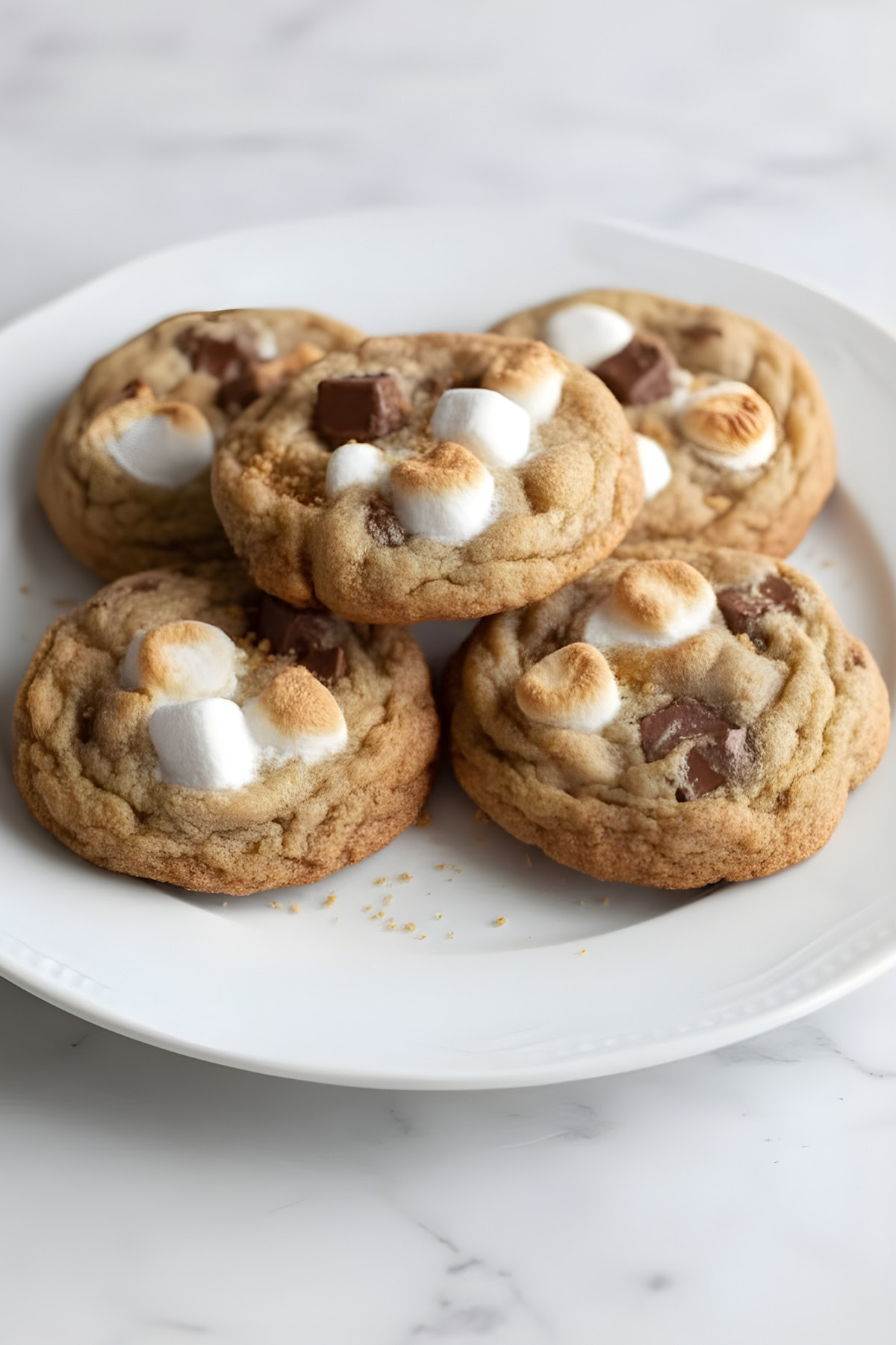 Delicious chocolate chip cookies topped with toasted marshmallows on a white plate.