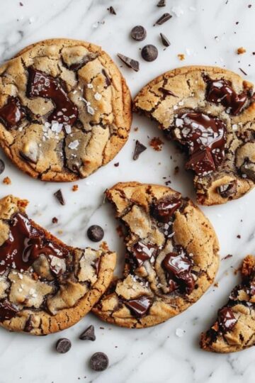 Delicious homemade chocolate chip cookies topped with sea salt and caramel, perfect for dessert or snack.