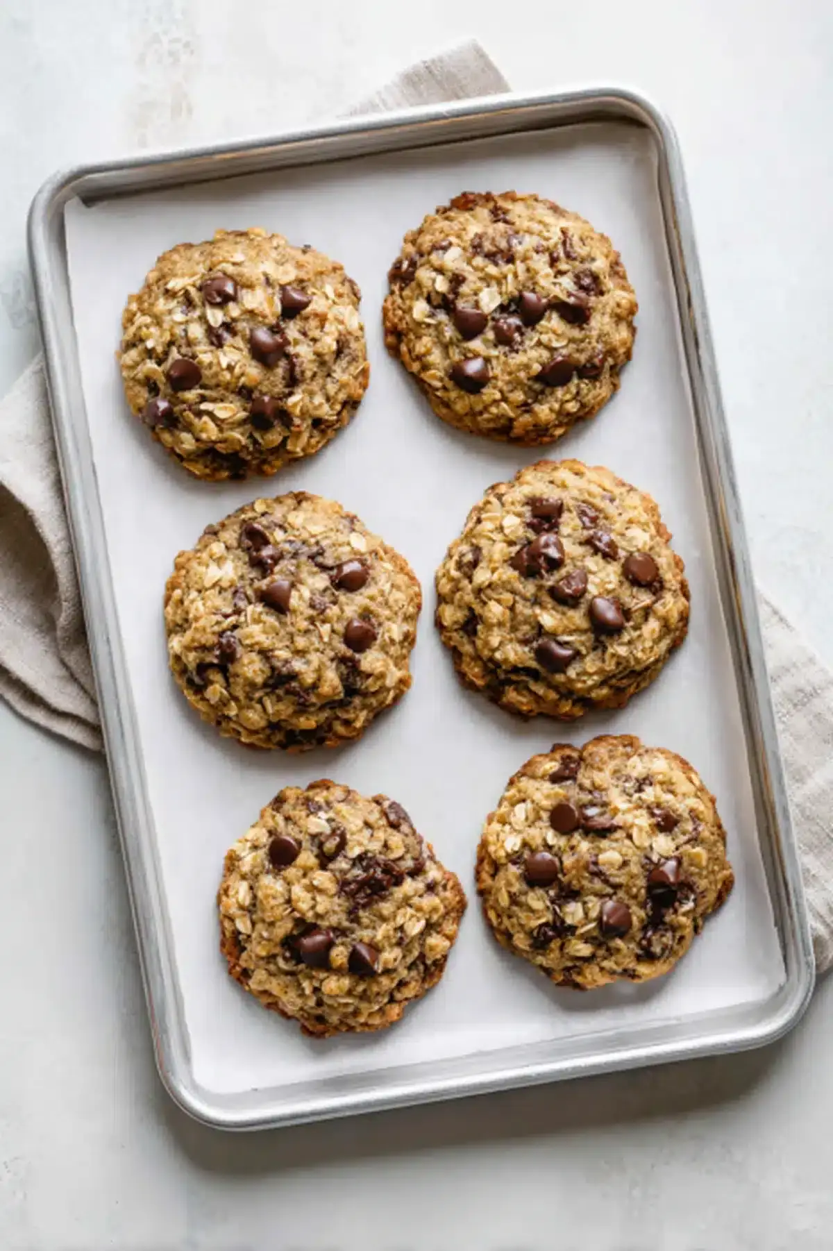 Delicious homemade oatmeal chocolate chip cookies with oats and melted chocolate chips.