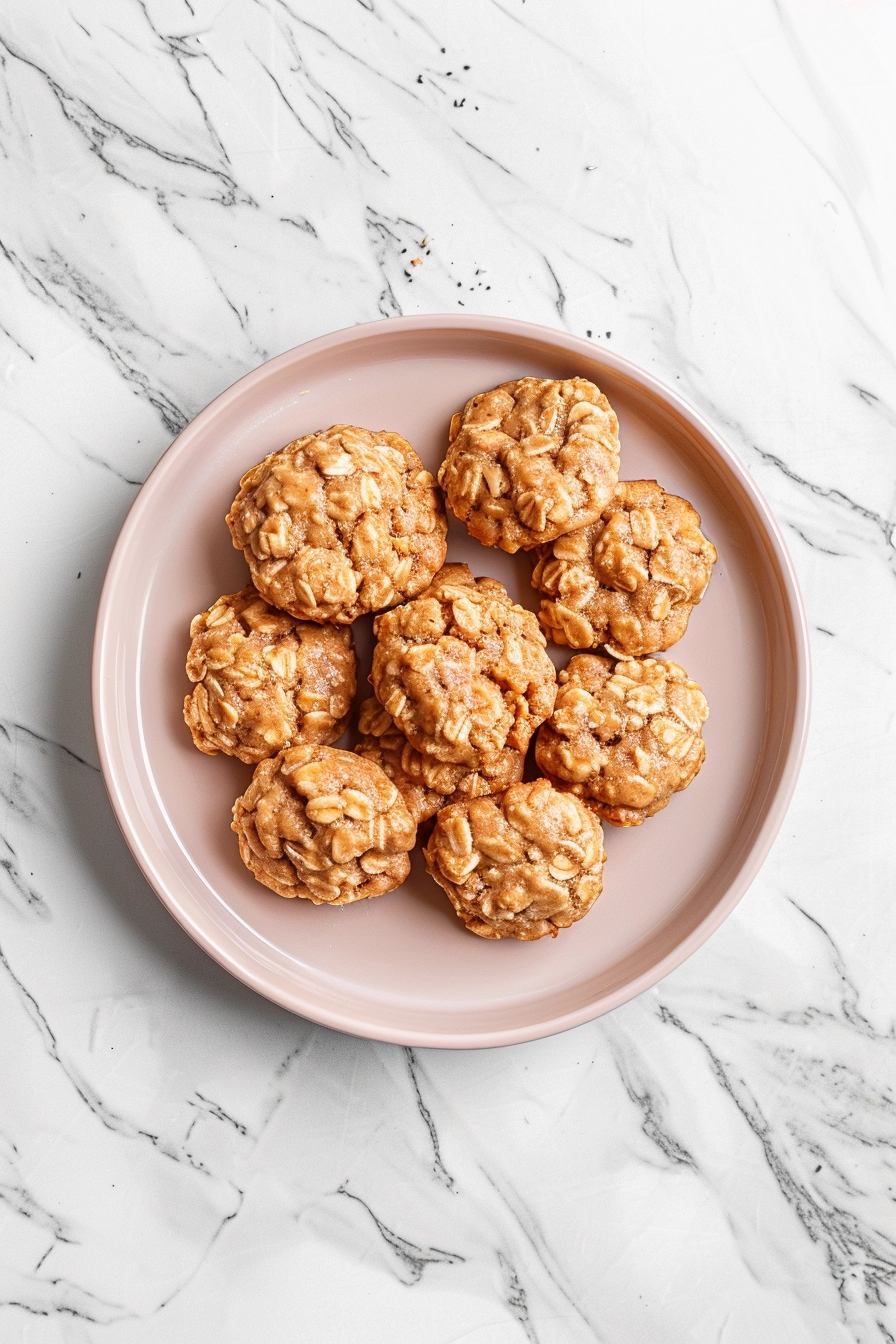 Delicious homemade oatmeal cookies arranged on a pink plate for snacking or dessert. Perfect for cookie lovers.