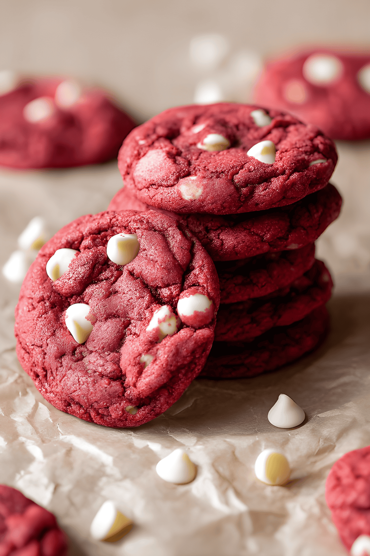 Delicious red velvet cookies with white chocolate chips, perfect for sweet cravings.