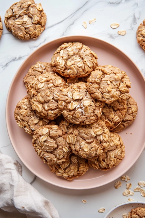 Delicious homemade oatmeal cookies with oats and a golden-brown texture. Perfect for snack time or dessert.