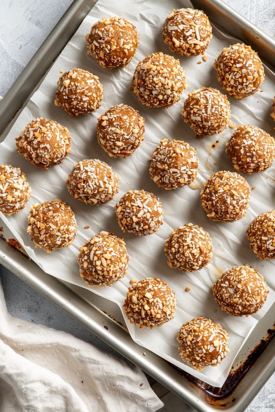 Delicious coconut energy bites with cashews and dates, coated in chopped nuts.
