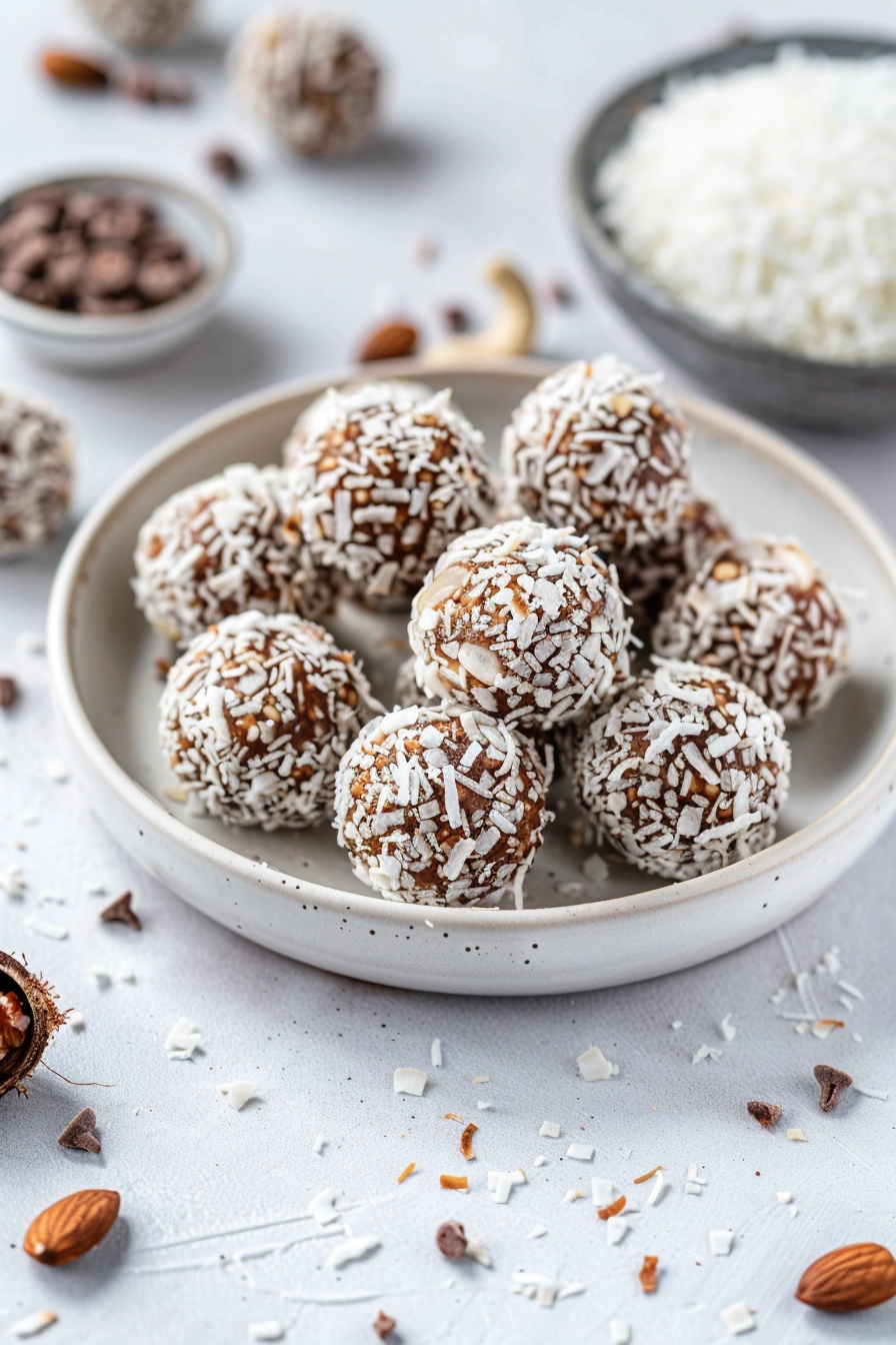 Delicious cashew date coconut energy bites with shredded coconut on a white plate.