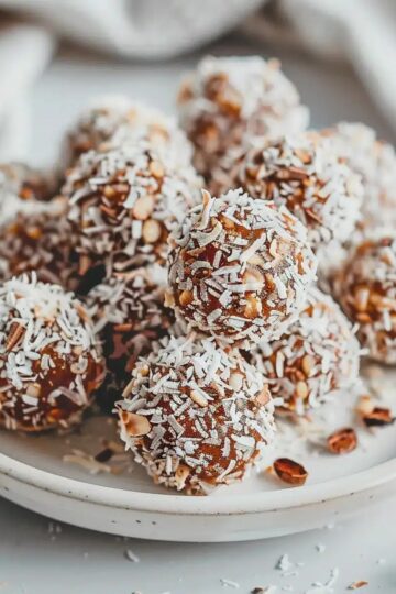 Delicious cashew date energy bites coated with shredded coconut, perfect for healthy snacking.