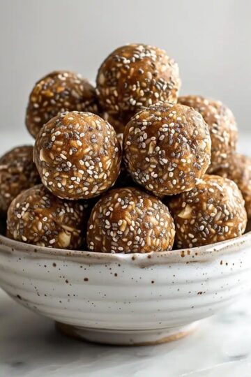 Delicious no-bake peanut butter chia seed energy balls in a white bowl.