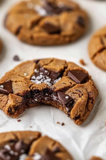 Chewy protein cookies with chocolate chunks and sea salt, perfect for a healthy snack.