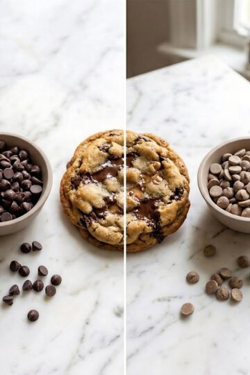 comparing dark semi-sweet chocolate chips and light cream-colored baking chips on a white marble countertop